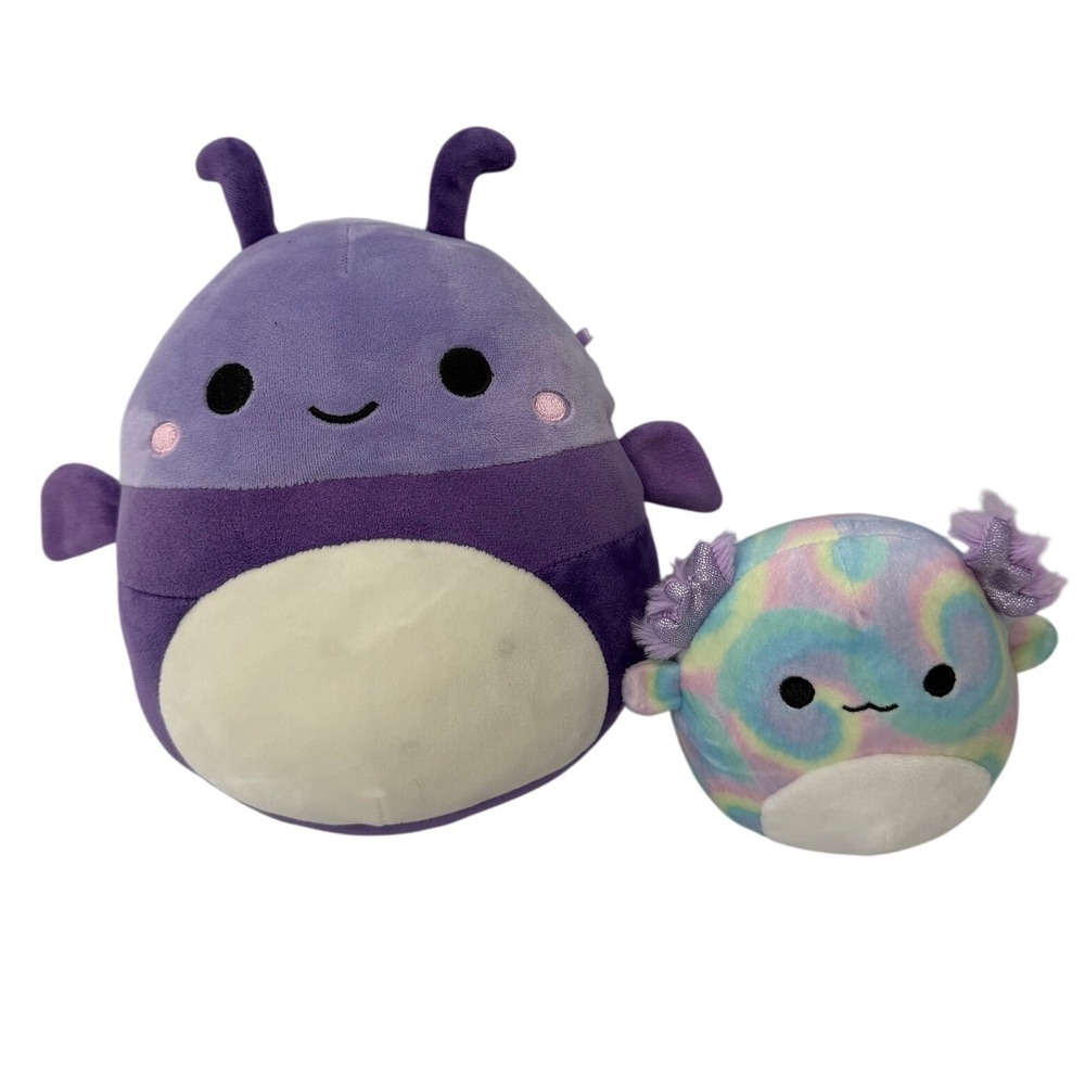 Squishmallows Plush Bundle Purple Beetle 8" & Tie Dye Axolotl 5" Kellytoy Set